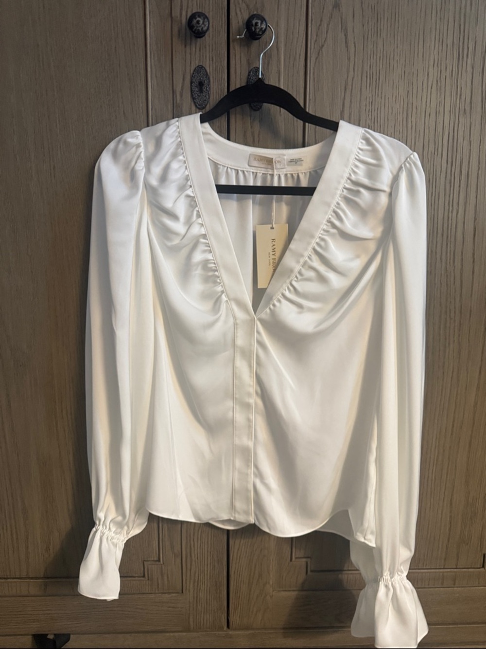 Ramy Brook Ivory Satin V-Neck Puff Sleeve Blouse